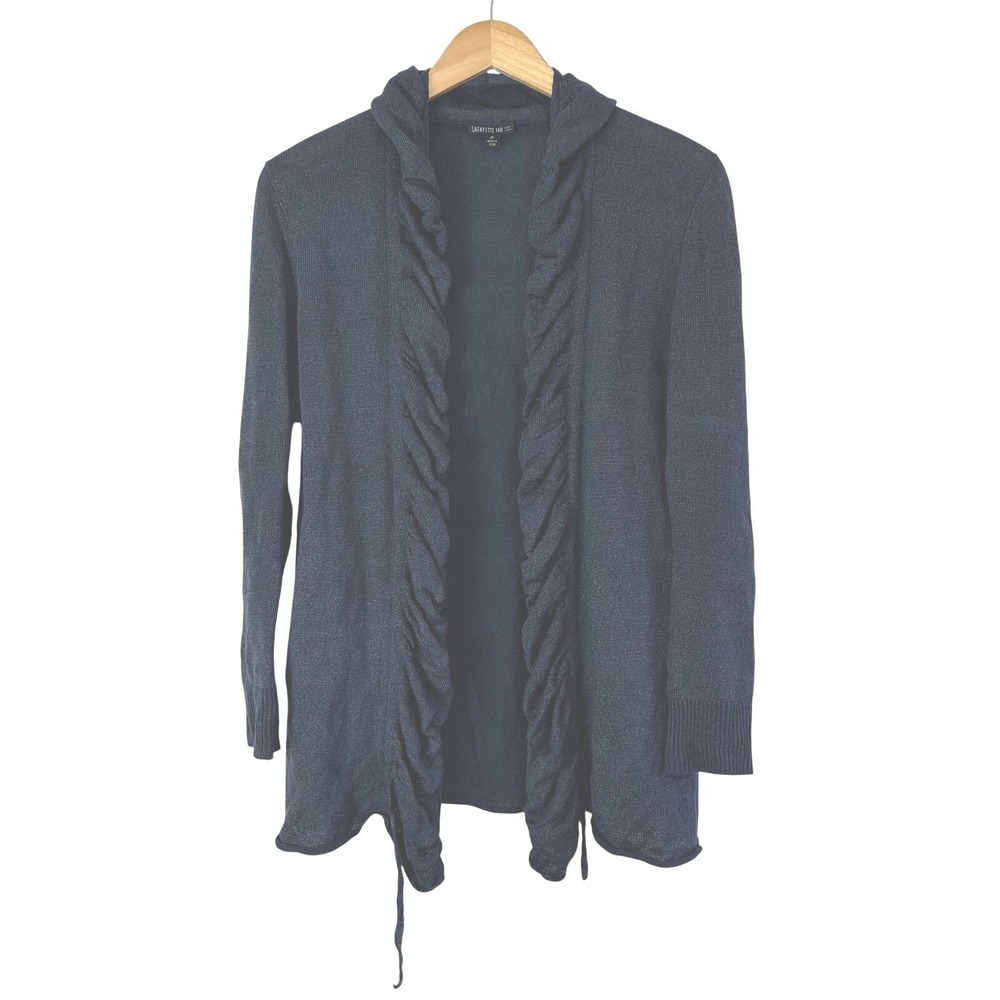 LAFAYETTE 148 New York Cardigan Sweater Small Linen Blend Metallic Thread Blue